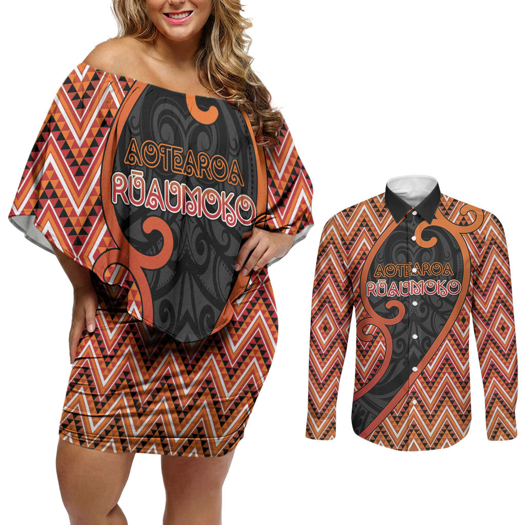 Custom Aotearoa Atua Ruaumoko Couples Matching Off Shoulder Short Dress and Long Sleeve Button Shirt God Of Volcanoes Koru Patterns