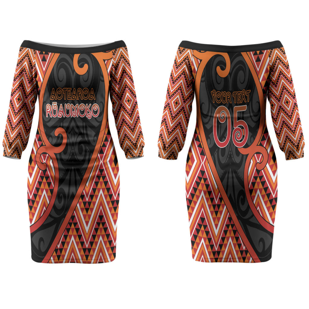 Custom Aotearoa Atua Ruaumoko Couples Matching Off The Shoulder Long Sleeve Dress and Hawaiian Shirt God Of Volcanoes Koru Patterns