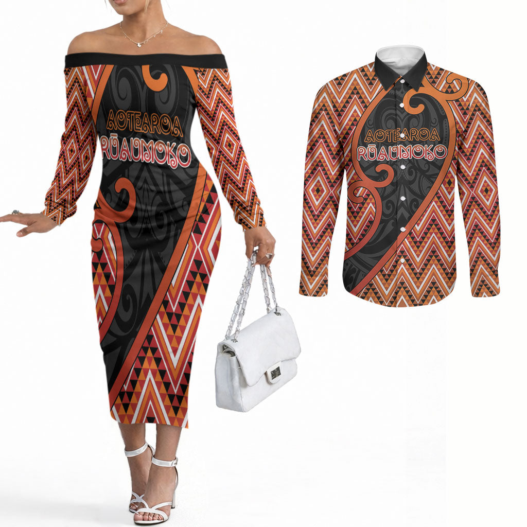 Custom Aotearoa Atua Ruaumoko Couples Matching Off The Shoulder Long Sleeve Dress and Long Sleeve Button Shirt God Of Volcanoes Koru Patterns