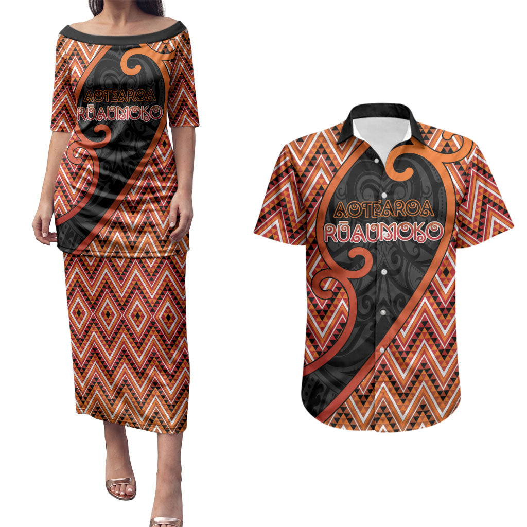 Custom Aotearoa Atua Ruaumoko Couples Matching Puletasi and Hawaiian Shirt God Of Volcanoes Koru Patterns