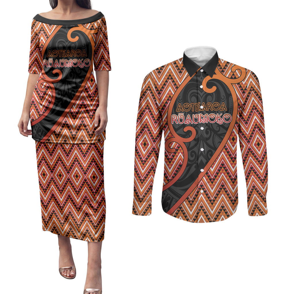 Custom Aotearoa Atua Ruaumoko Couples Matching Puletasi and Long Sleeve Button Shirt God Of Volcanoes Koru Patterns