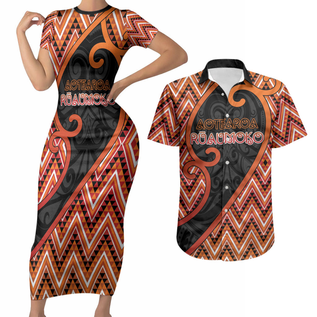 Custom Aotearoa Atua Ruaumoko Couples Matching Short Sleeve Bodycon Dress and Hawaiian Shirt God Of Volcanoes Koru Patterns