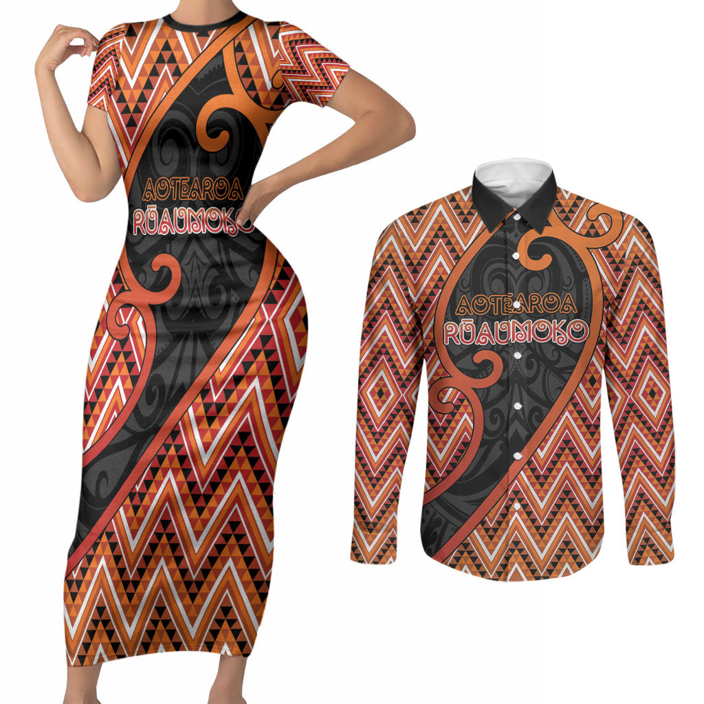 Custom Aotearoa Atua Ruaumoko Couples Matching Short Sleeve Bodycon Dress and Long Sleeve Button Shirt God Of Volcanoes Koru Patterns