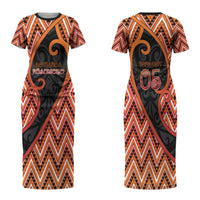 Custom Aotearoa Atua Ruaumoko Couples Matching Short Sleeve Bodycon Dress and Long Sleeve Button Shirt God Of Volcanoes Koru Patterns