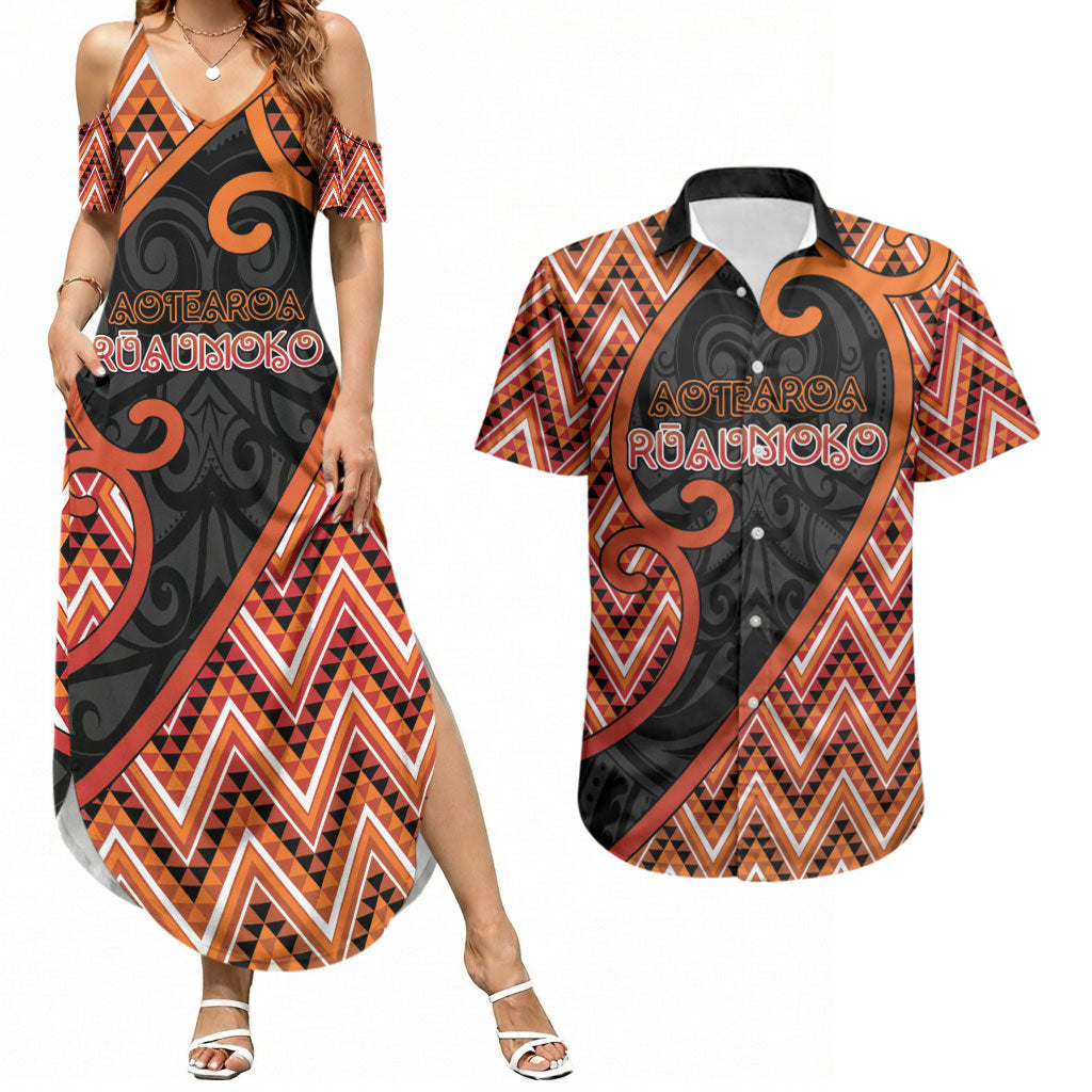Custom Aotearoa Atua Ruaumoko Couples Matching Summer Maxi Dress and Hawaiian Shirt God Of Volcanoes Koru Patterns