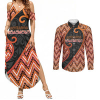 Custom Aotearoa Atua Ruaumoko Couples Matching Summer Maxi Dress and Long Sleeve Button Shirt God Of Volcanoes Koru Patterns