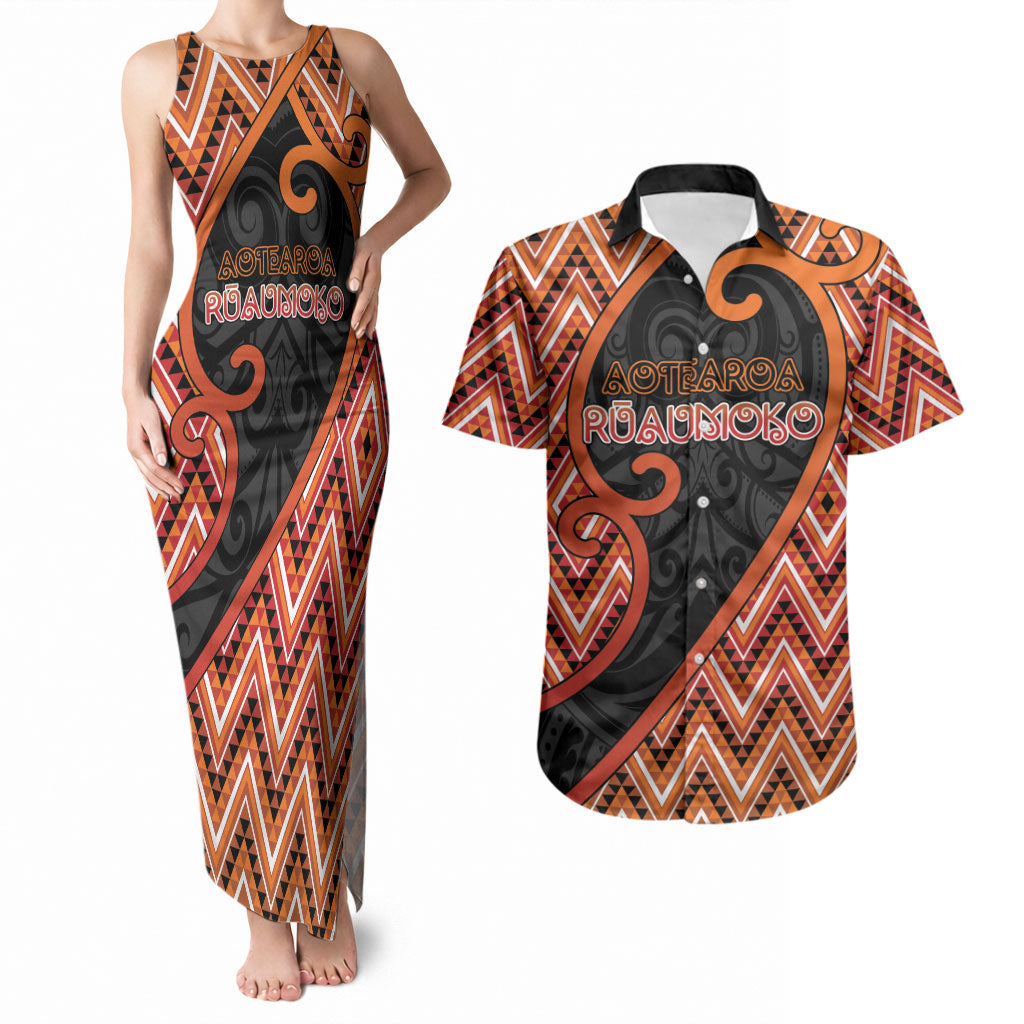 Custom Aotearoa Atua Ruaumoko Couples Matching Tank Maxi Dress and Hawaiian Shirt God Of Volcanoes Koru Patterns