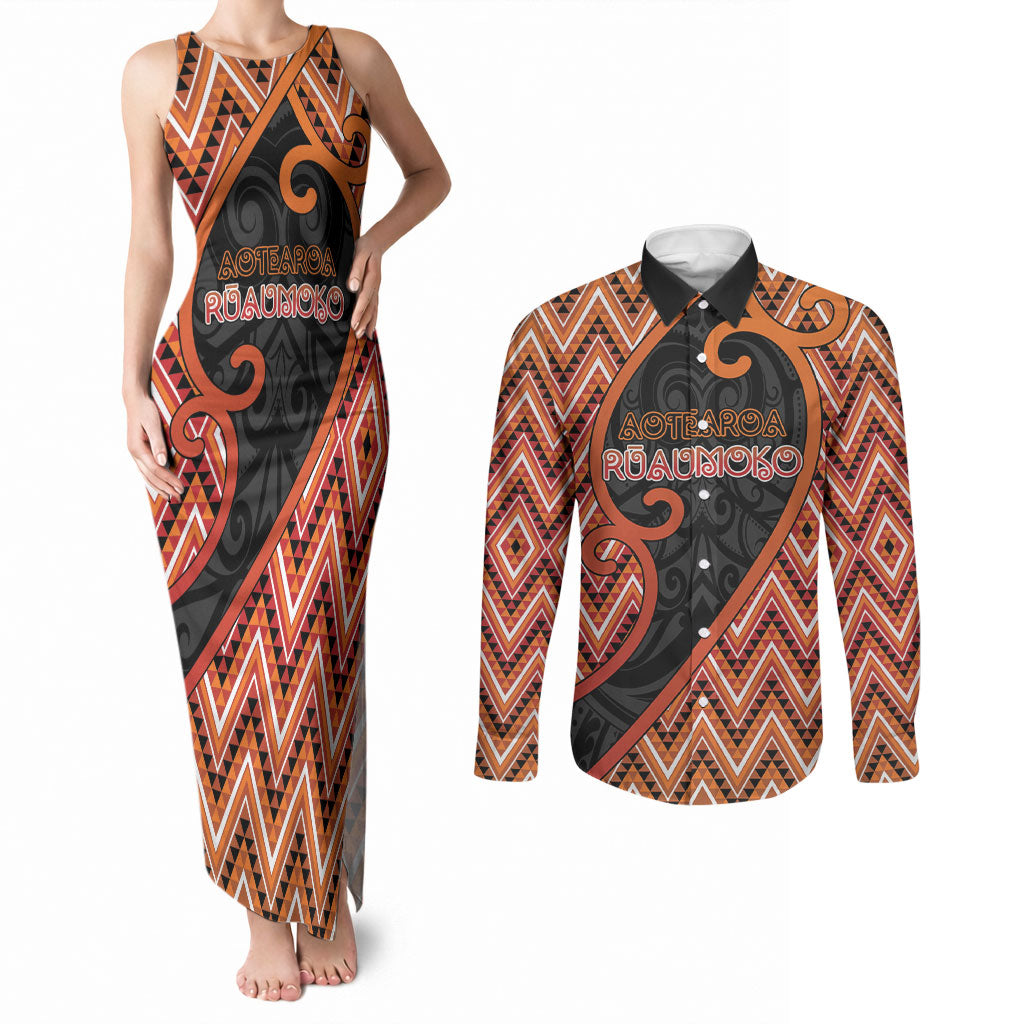 Custom Aotearoa Atua Ruaumoko Couples Matching Tank Maxi Dress and Long Sleeve Button Shirt God Of Volcanoes Koru Patterns