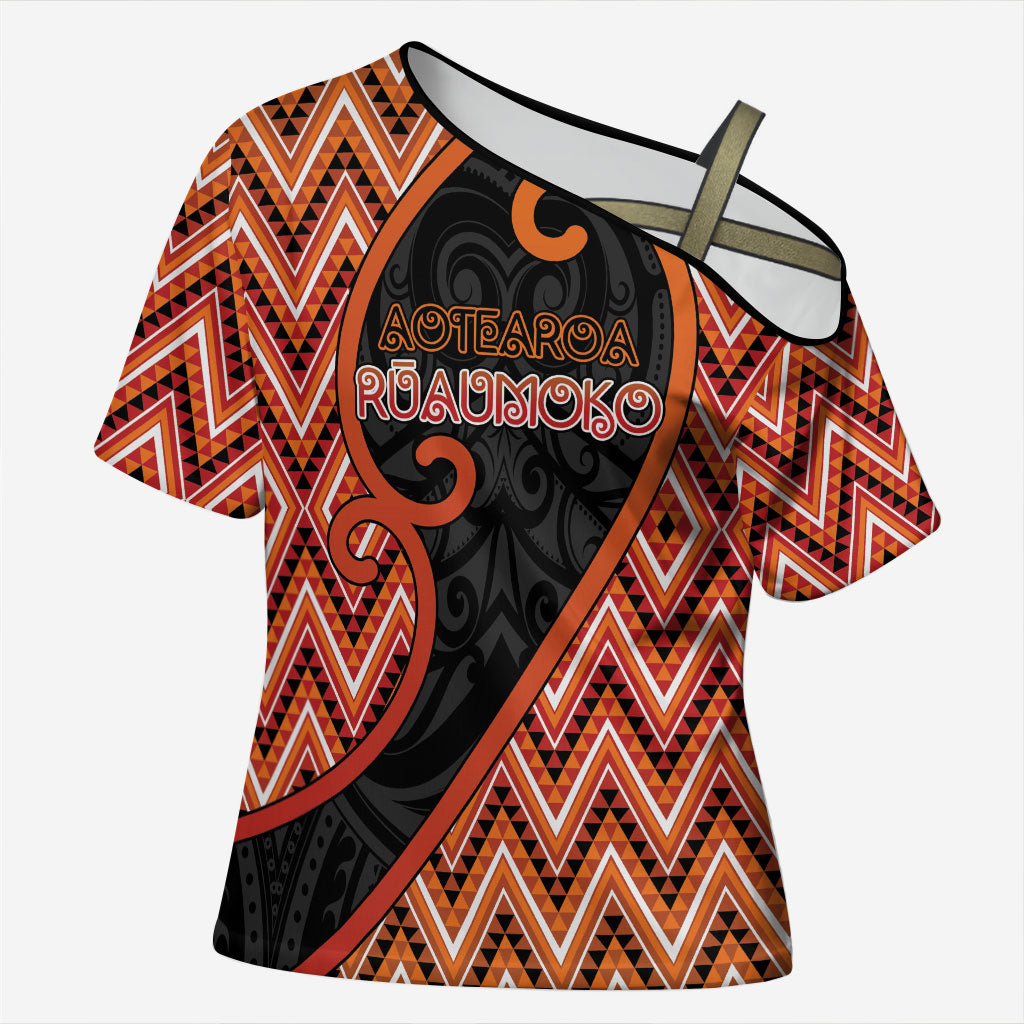Custom Aotearoa Atua Ruaumoko Cross Shoulder Shirt God Of Volcanoes Koru Patterns