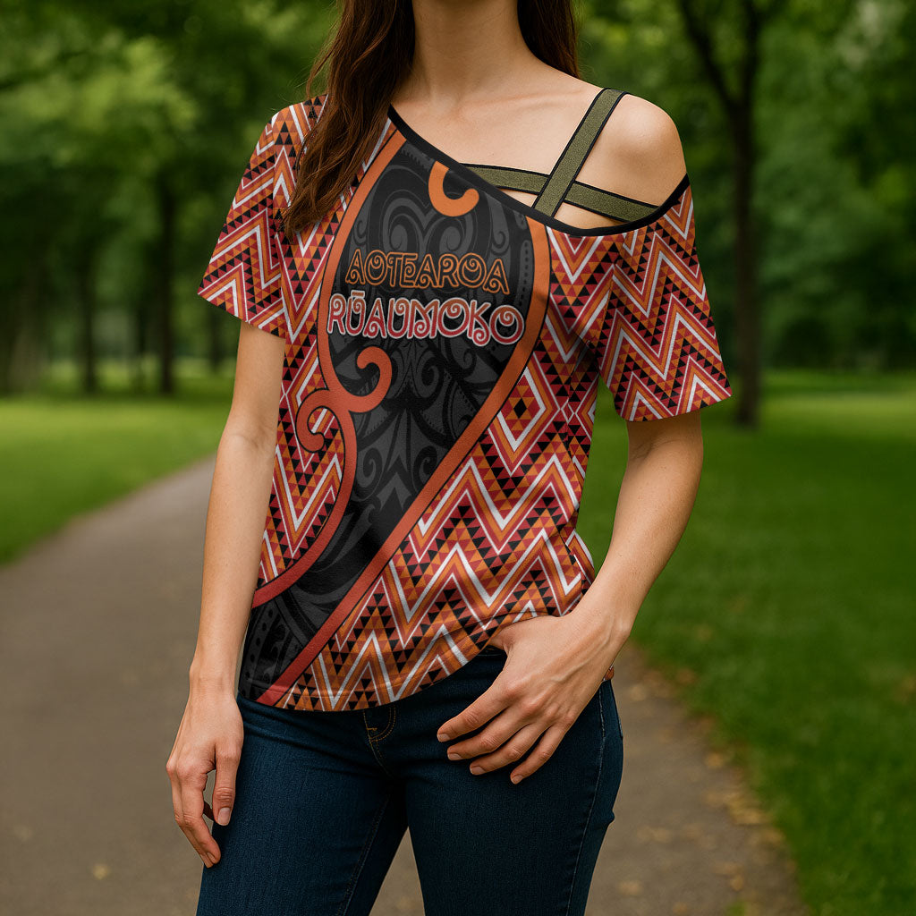 Custom Aotearoa Atua Ruaumoko Cross Shoulder Shirt God Of Volcanoes Koru Patterns
