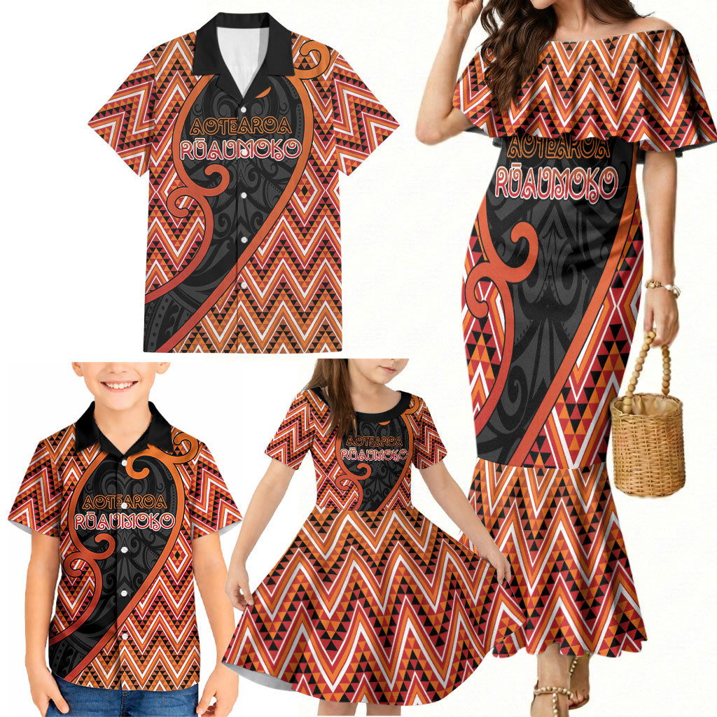Custom Aotearoa Atua Ruaumoko Family Matching Mermaid Dress and Hawaiian Shirt God Of Volcanoes Koru Patterns