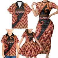 Custom Aotearoa Atua Ruaumoko Family Matching Short Sleeve Bodycon Dress and Hawaiian Shirt God Of Volcanoes Koru Patterns