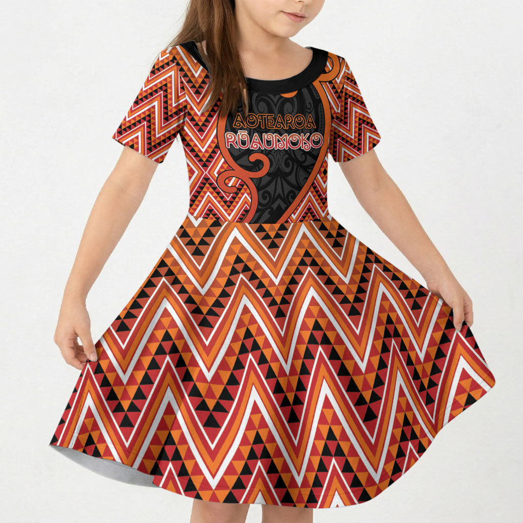 Custom Aotearoa Atua Ruaumoko Kid Short Sleeve Dress God Of Volcanoes Koru Patterns