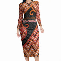 Custom Aotearoa Atua Ruaumoko Long Sleeve Bodycon Dress God Of Volcanoes Koru Patterns