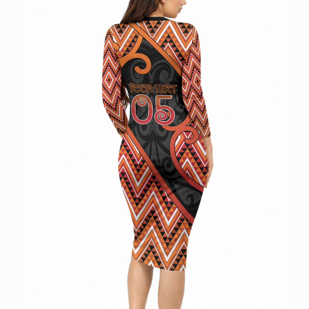 Custom Aotearoa Atua Ruaumoko Long Sleeve Bodycon Dress God Of Volcanoes Koru Patterns