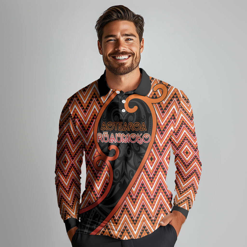 Custom Aotearoa Atua Ruaumoko Long Sleeve Polo Shirt God Of Volcanoes Koru Patterns