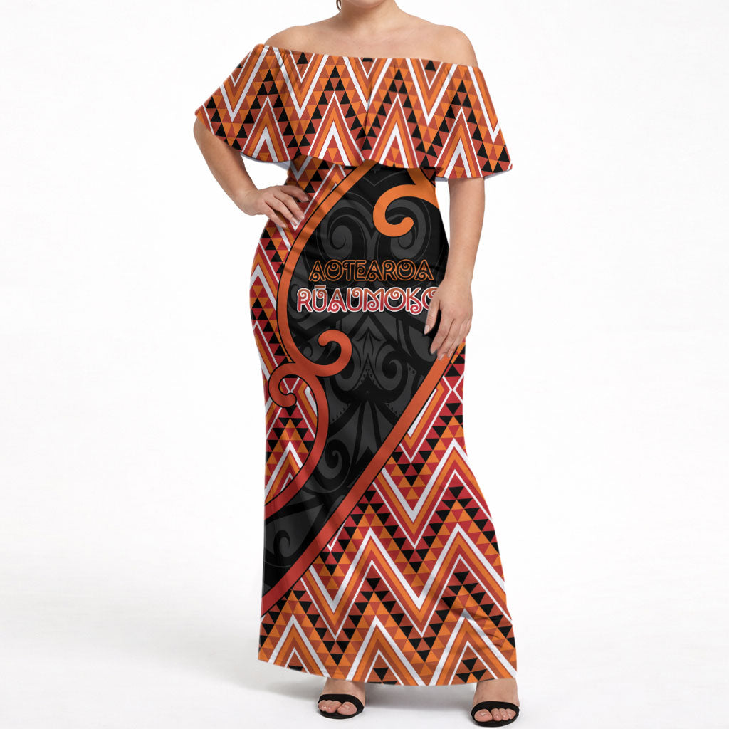 Custom Aotearoa Atua Ruaumoko Off Shoulder Maxi Dress God Of Volcanoes Koru Patterns