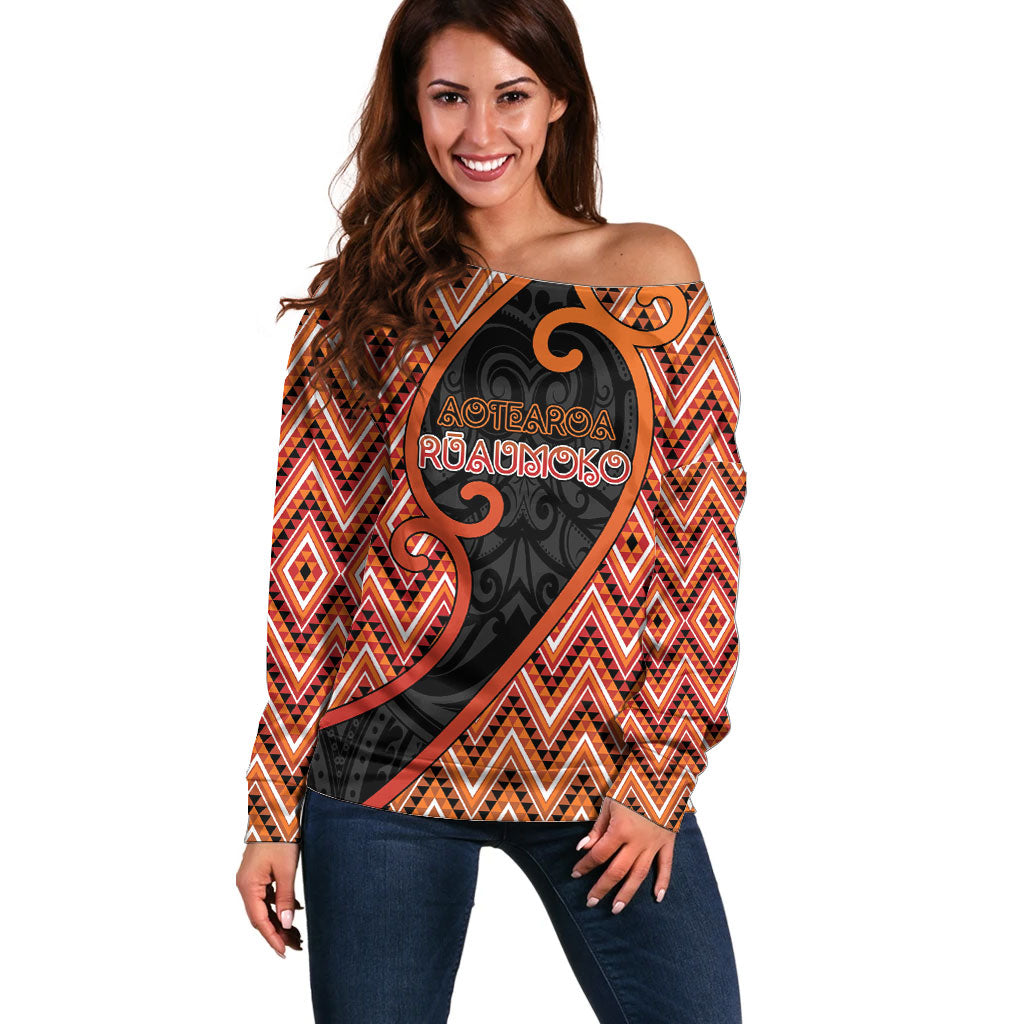 Custom Aotearoa Atua Ruaumoko Off Shoulder Sweater God Of Volcanoes Koru Patterns