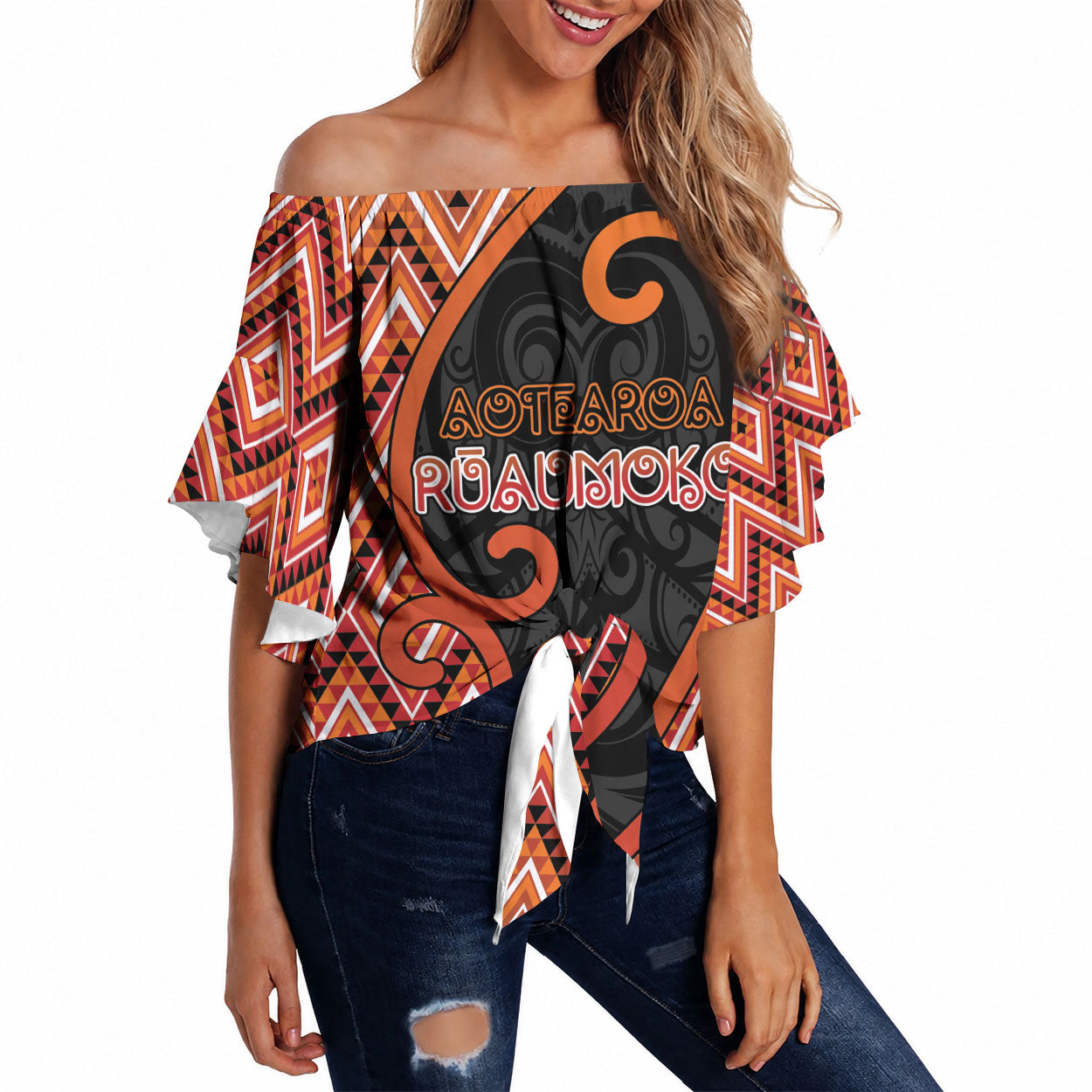 Custom Aotearoa Atua Ruaumoko Off Shoulder Wrap Waist Top God Of Volcanoes Koru Patterns