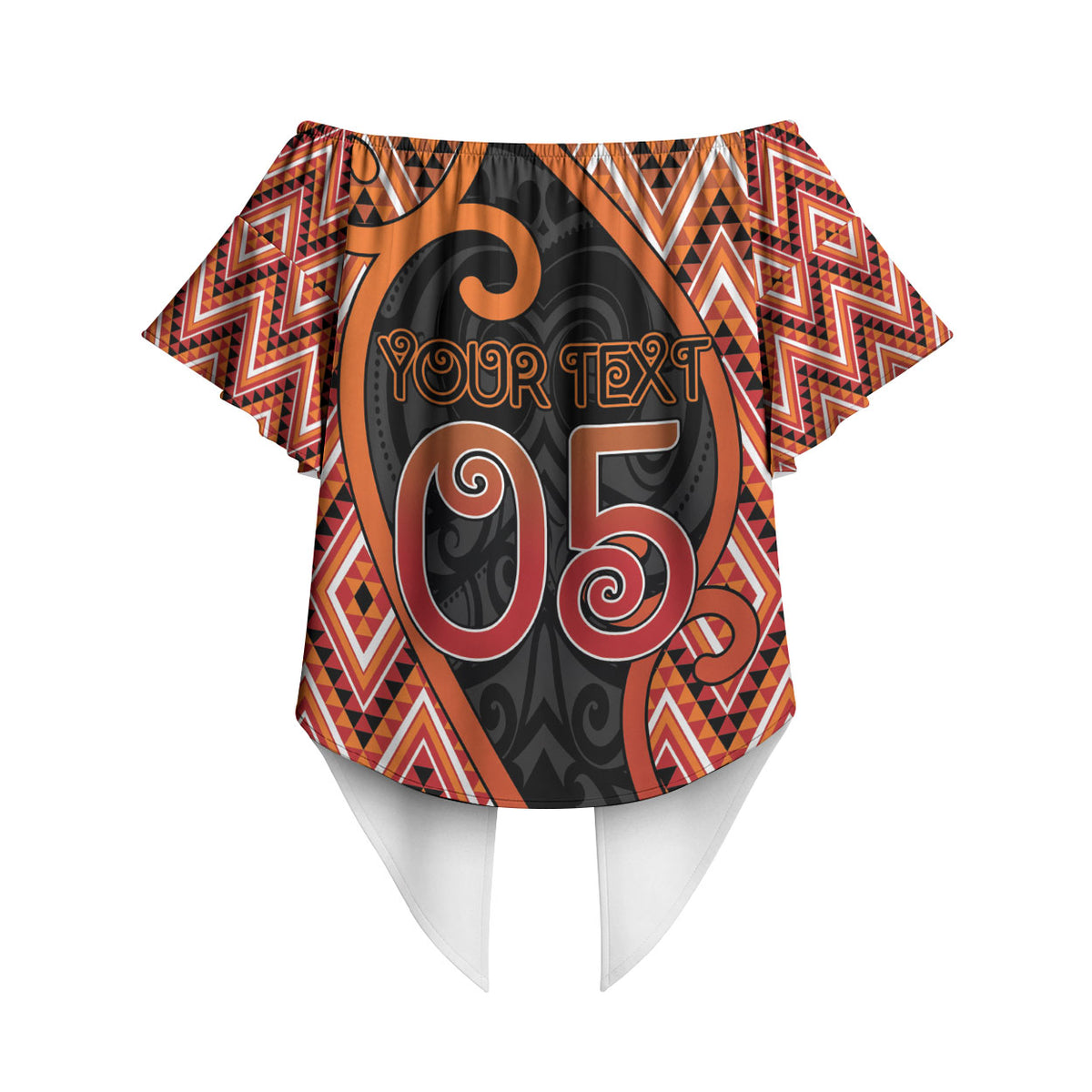 Custom Aotearoa Atua Ruaumoko Off Shoulder Wrap Waist Top God Of Volcanoes Koru Patterns