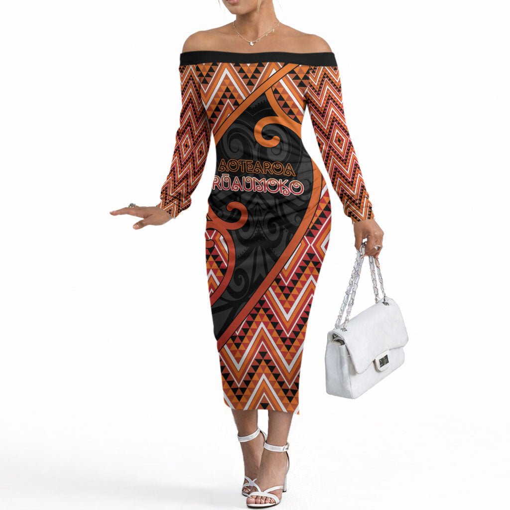 Custom Aotearoa Atua Ruaumoko Off The Shoulder Long Sleeve Dress God Of Volcanoes Koru Patterns