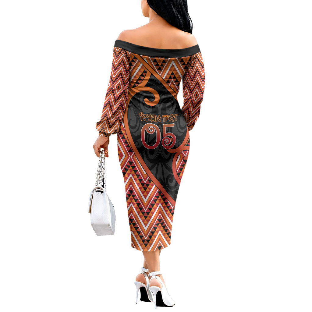 Custom Aotearoa Atua Ruaumoko Off The Shoulder Long Sleeve Dress God Of Volcanoes Koru Patterns