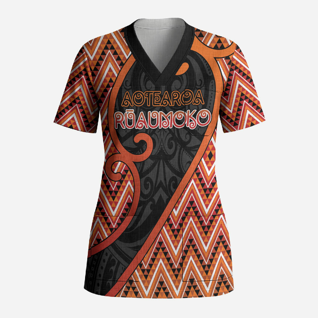 Custom Aotearoa Atua Ruaumoko Scrub Top God Of Volcanoes Koru Patterns
