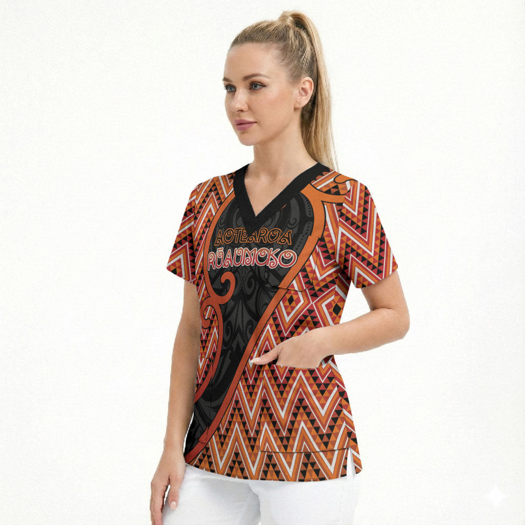 Custom Aotearoa Atua Ruaumoko Scrub Top God Of Volcanoes Koru Patterns