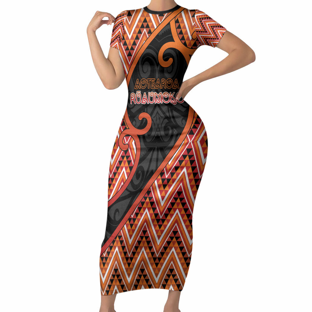 Custom Aotearoa Atua Ruaumoko Short Sleeve Bodycon Dress God Of Volcanoes Koru Patterns