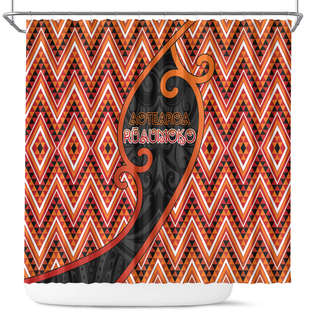 Aotearoa Atua Ruaumoko Shower Curtain God Of Volcanoes Koru Patterns