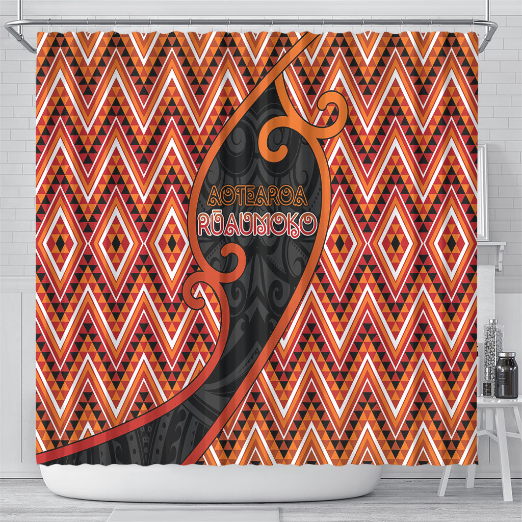 Aotearoa Atua Ruaumoko Shower Curtain God Of Volcanoes Koru Patterns