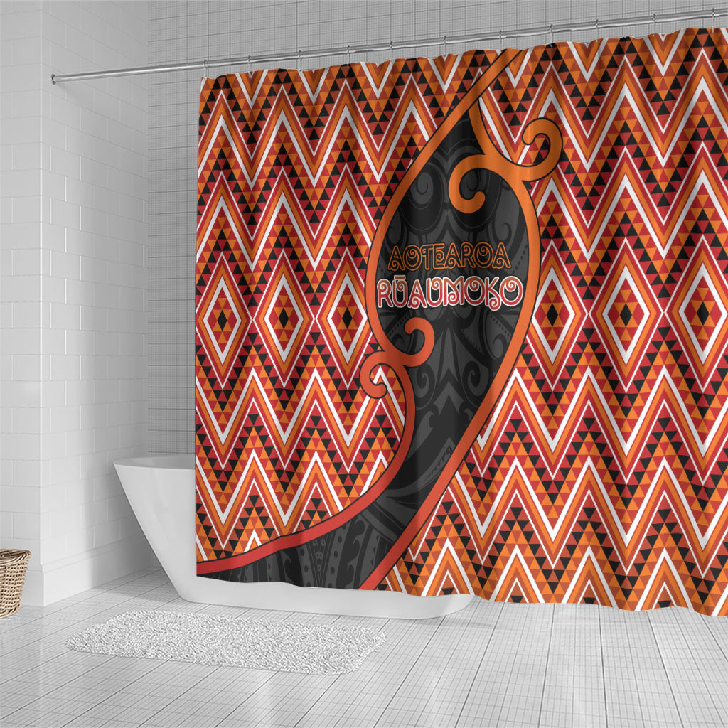 Aotearoa Atua Ruaumoko Shower Curtain God Of Volcanoes Koru Patterns