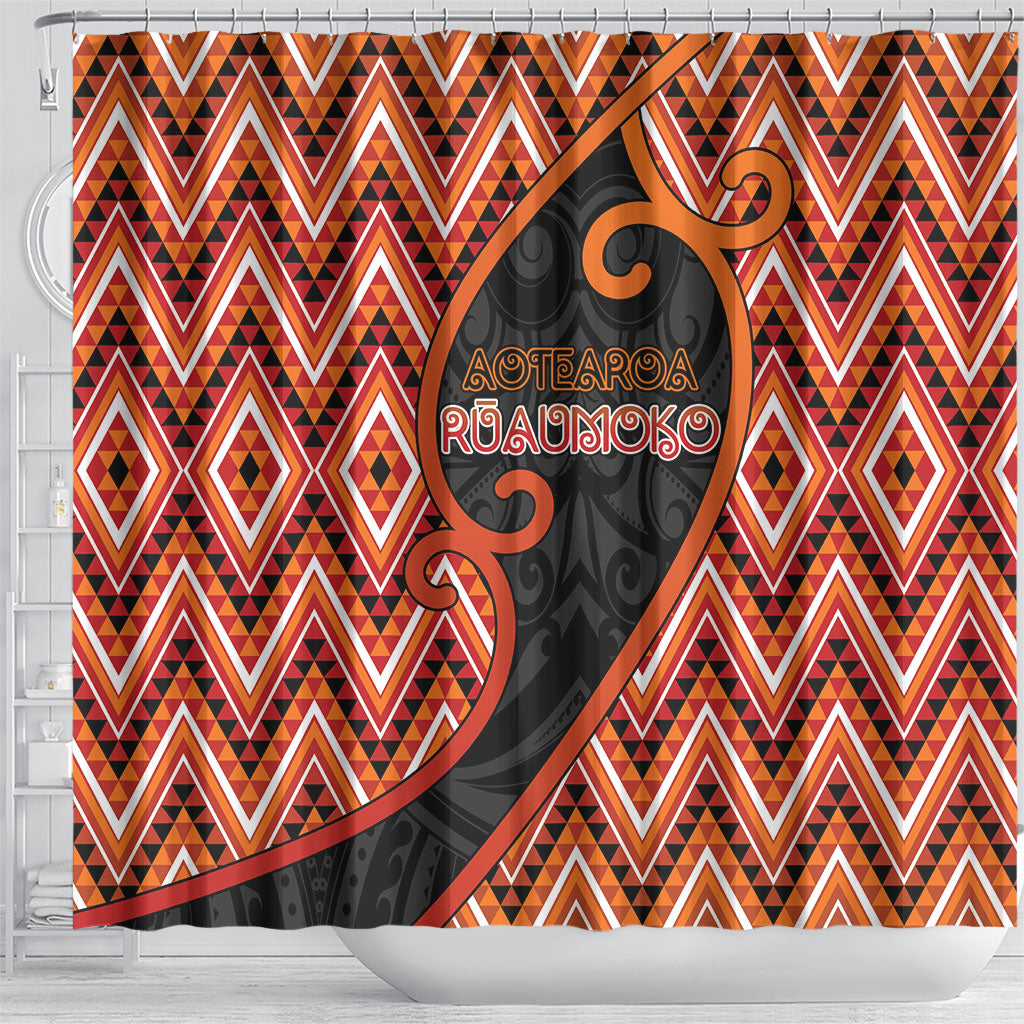 Aotearoa Atua Ruaumoko Shower Curtain God Of Volcanoes Koru Patterns