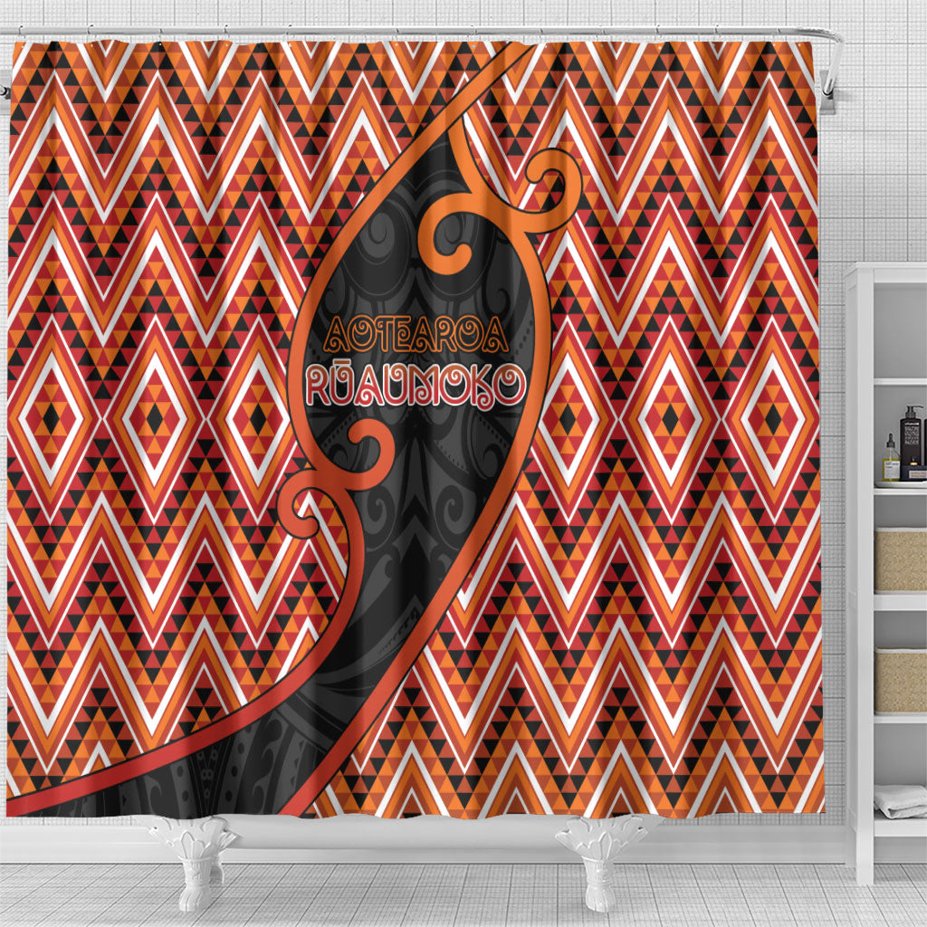 Aotearoa Atua Ruaumoko Shower Curtain God Of Volcanoes Koru Patterns