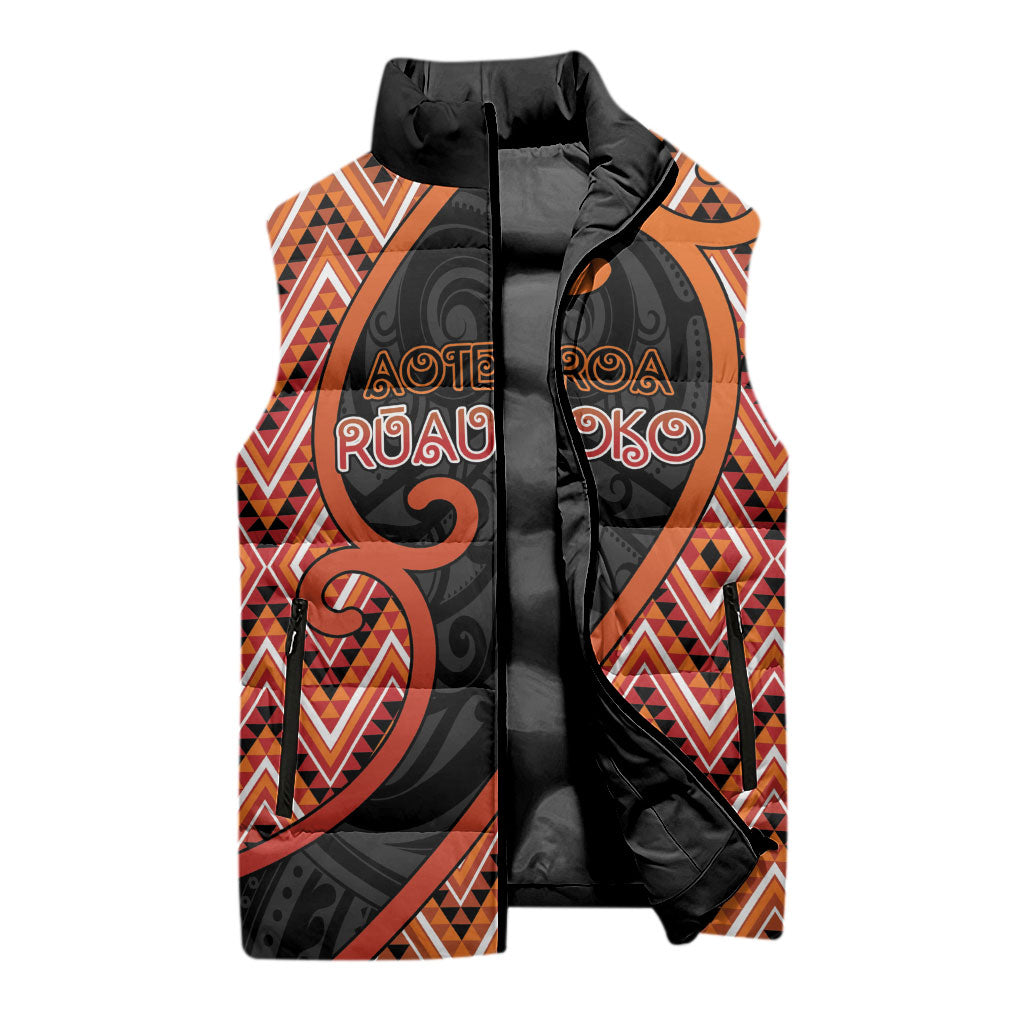 Custom Aotearoa Atua Ruaumoko Sleeveless Puffer Jacket God Of Volcanoes Koru Patterns