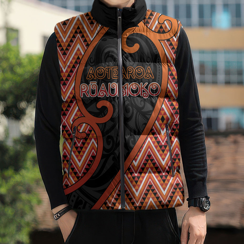 Custom Aotearoa Atua Ruaumoko Sleeveless Puffer Jacket God Of Volcanoes Koru Patterns