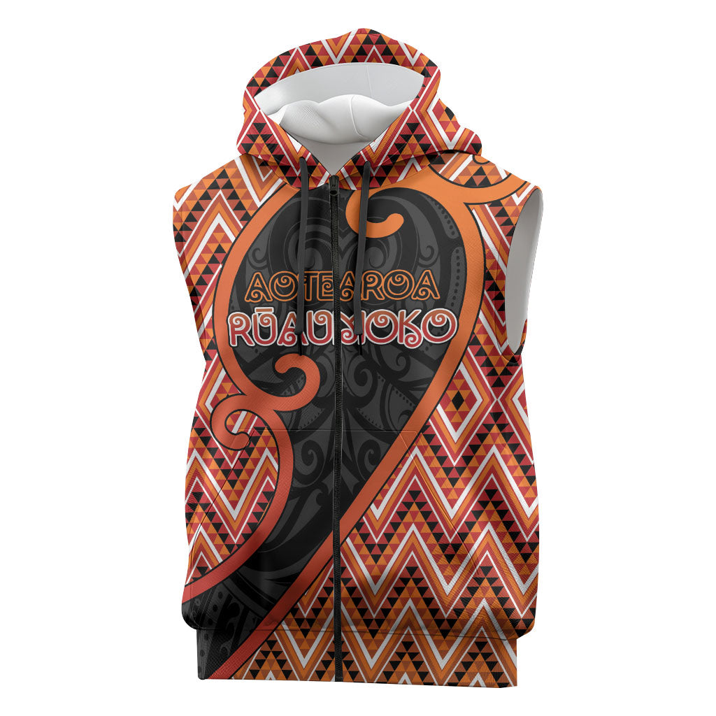 Custom Aotearoa Atua Ruaumoko Sleeveless Zip Hoodie God Of Volcanoes Koru Patterns