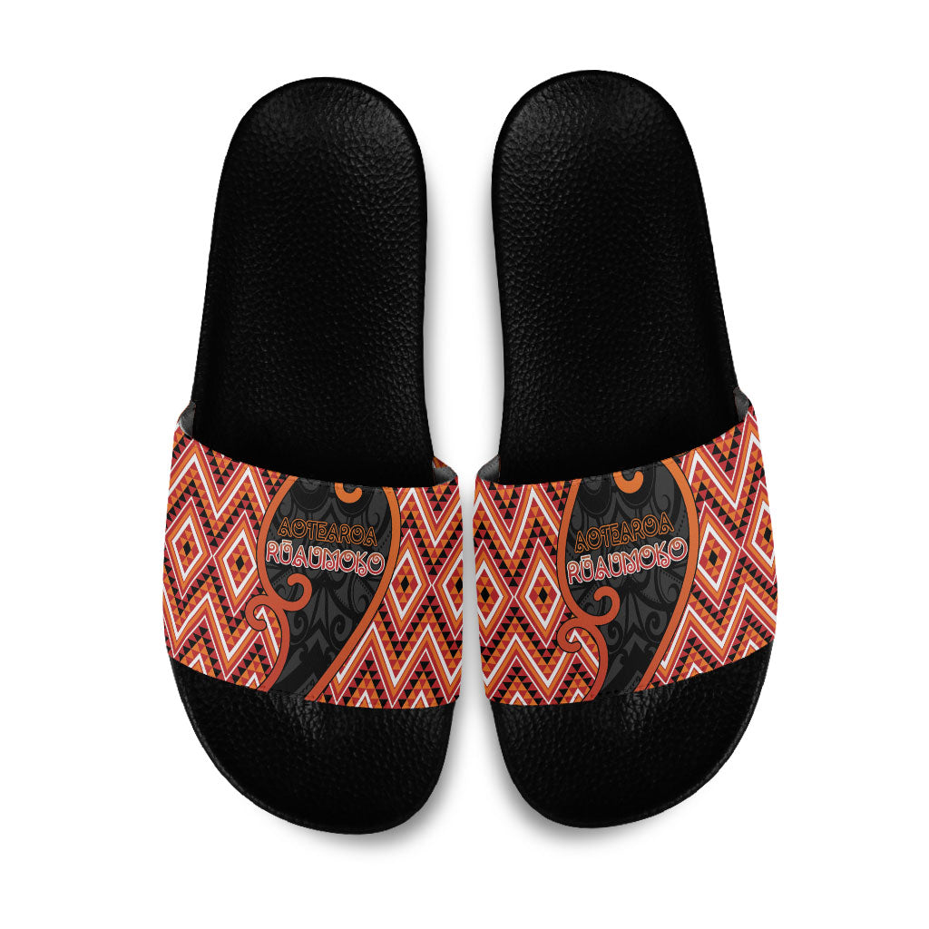 Aotearoa Atua Ruaumoko Slide Sandals God Of Volcanoes Koru Patterns