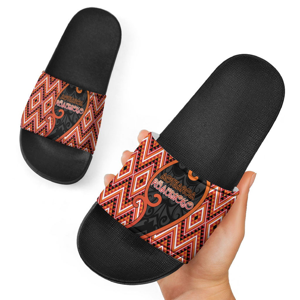 Aotearoa Atua Ruaumoko Slide Sandals God Of Volcanoes Koru Patterns