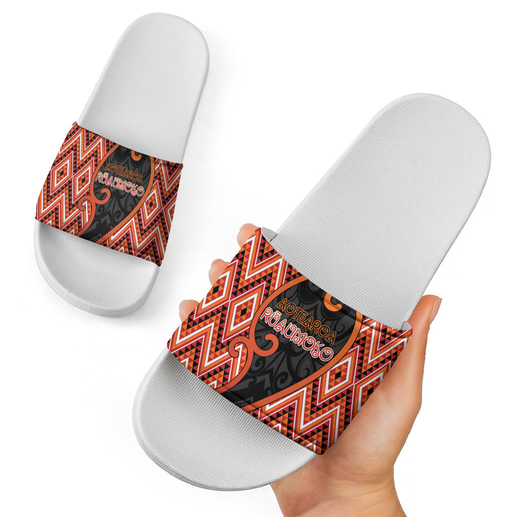 Aotearoa Atua Ruaumoko Slide Sandals God Of Volcanoes Koru Patterns