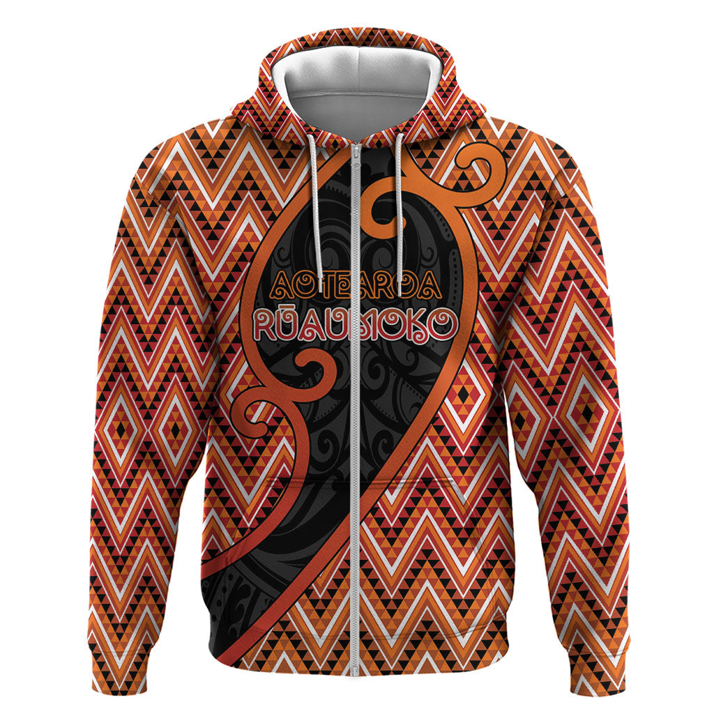 Custom Aotearoa Atua Ruaumoko Zip Hoodie God Of Volcanoes Koru Patterns