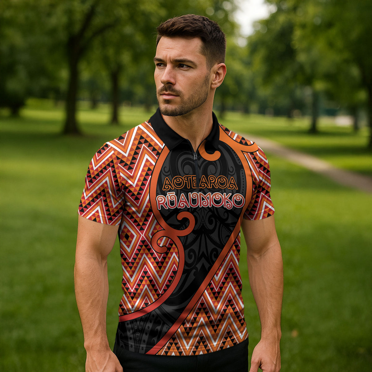 Custom Aotearoa Atua Ruaumoko Zipper Polo Shirt God Of Volcanoes Koru Patterns