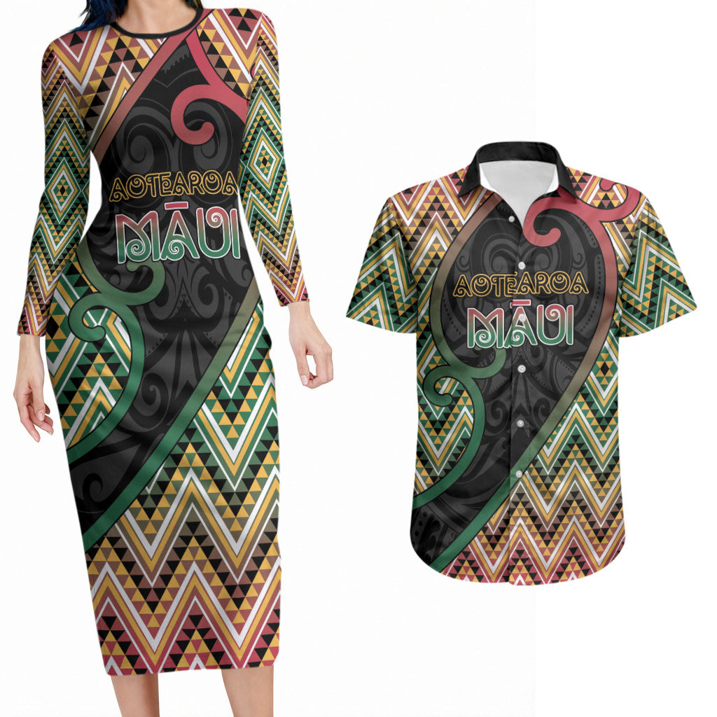 Custom Aotearoa Atua Maui Couples Matching Long Sleeve Bodycon Dress and Hawaiian Shirt Demigod Hero And Trickster Koru Patterns