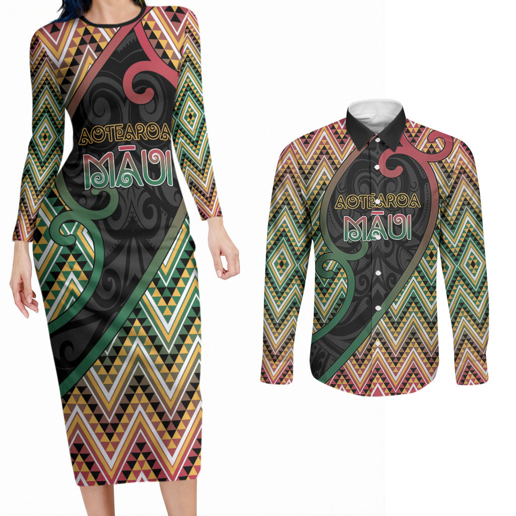 Custom Aotearoa Atua Maui Couples Matching Long Sleeve Bodycon Dress and Long Sleeve Button Shirt Demigod Hero And Trickster Koru Patterns