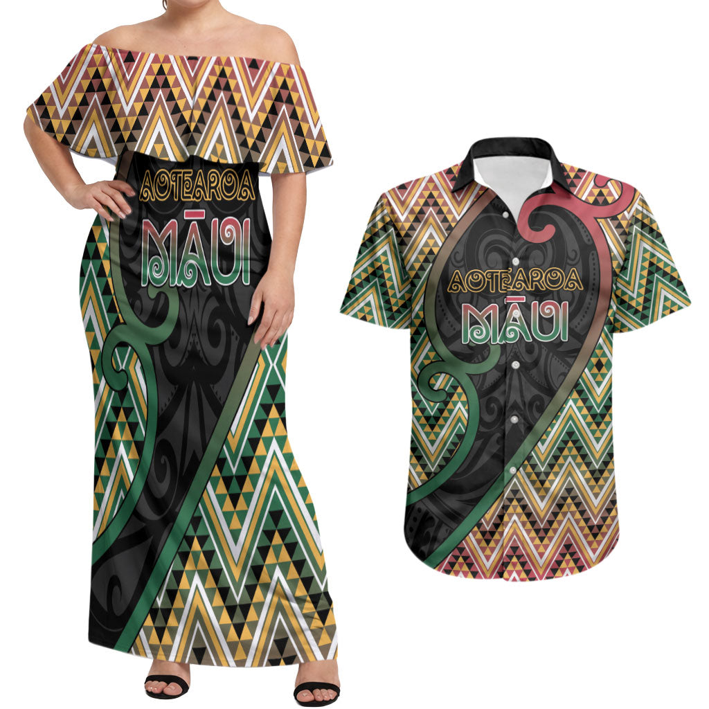 Custom Aotearoa Atua Maui Couples Matching Off Shoulder Maxi Dress and Hawaiian Shirt Demigod Hero And Trickster Koru Patterns