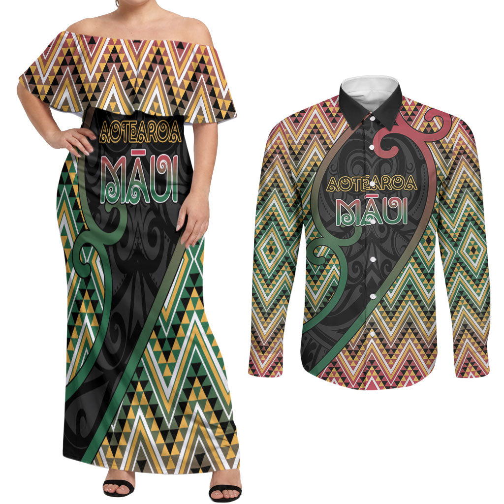 Custom Aotearoa Atua Maui Couples Matching Off Shoulder Maxi Dress and Long Sleeve Button Shirt Demigod Hero And Trickster Koru Patterns