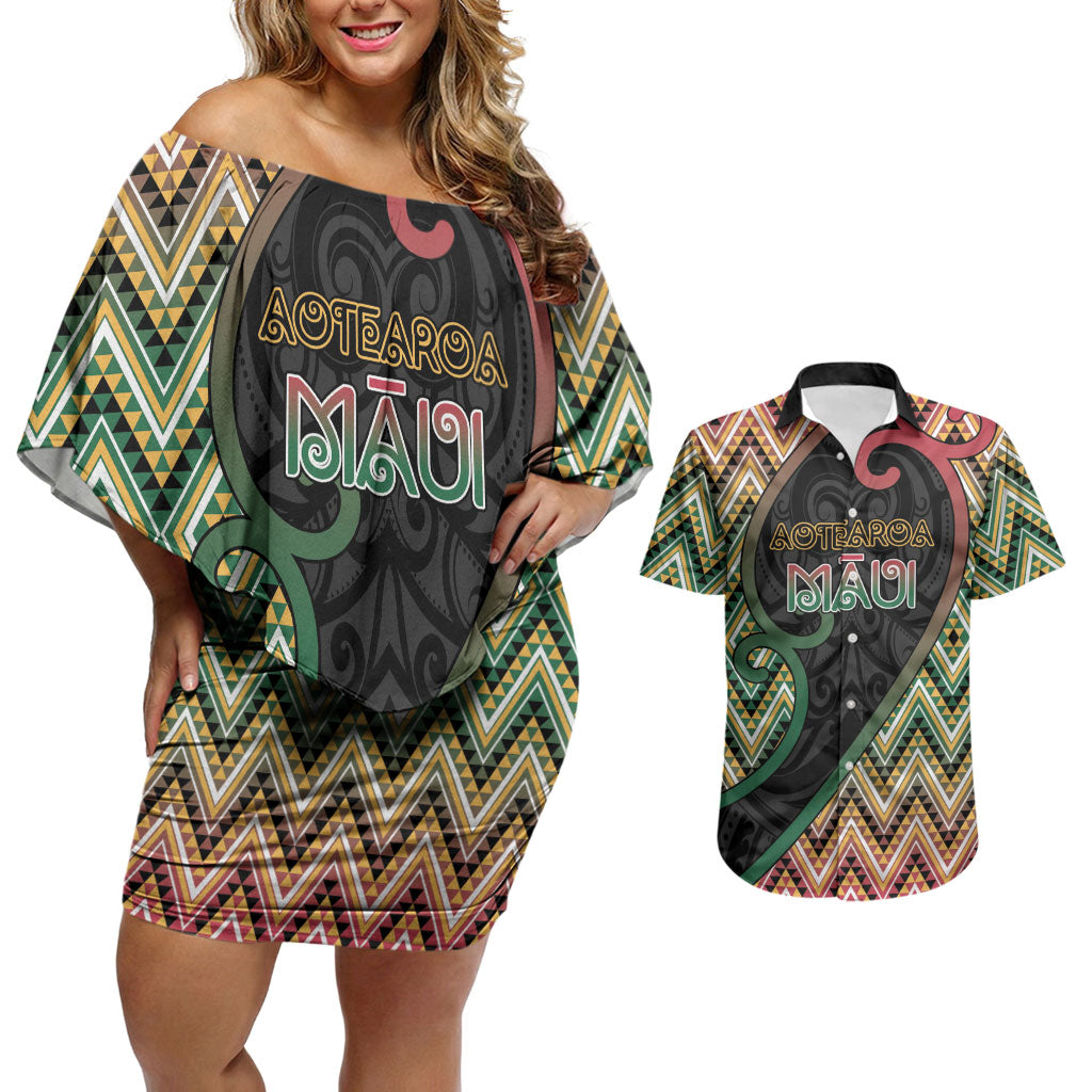 Custom Aotearoa Atua Maui Couples Matching Off Shoulder Short Dress and Hawaiian Shirt Demigod Hero And Trickster Koru Patterns