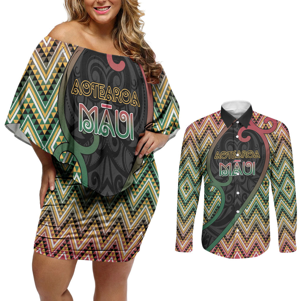 Custom Aotearoa Atua Maui Couples Matching Off Shoulder Short Dress and Long Sleeve Button Shirt Demigod Hero And Trickster Koru Patterns