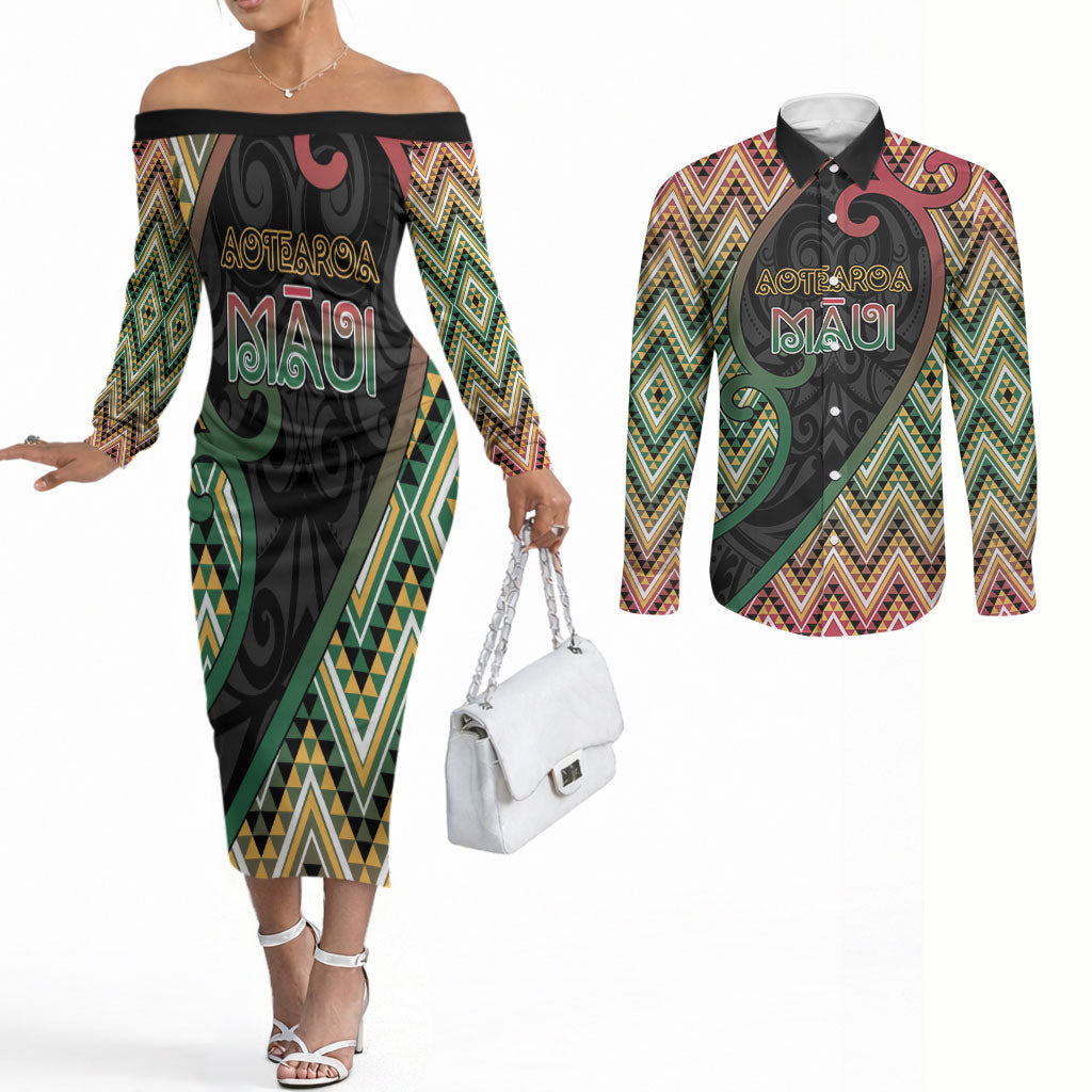 Custom Aotearoa Atua Maui Couples Matching Off The Shoulder Long Sleeve Dress and Long Sleeve Button Shirt Demigod Hero And Trickster Koru Patterns