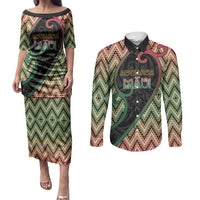 Custom Aotearoa Atua Maui Couples Matching Puletasi and Long Sleeve Button Shirt Demigod Hero And Trickster Koru Patterns